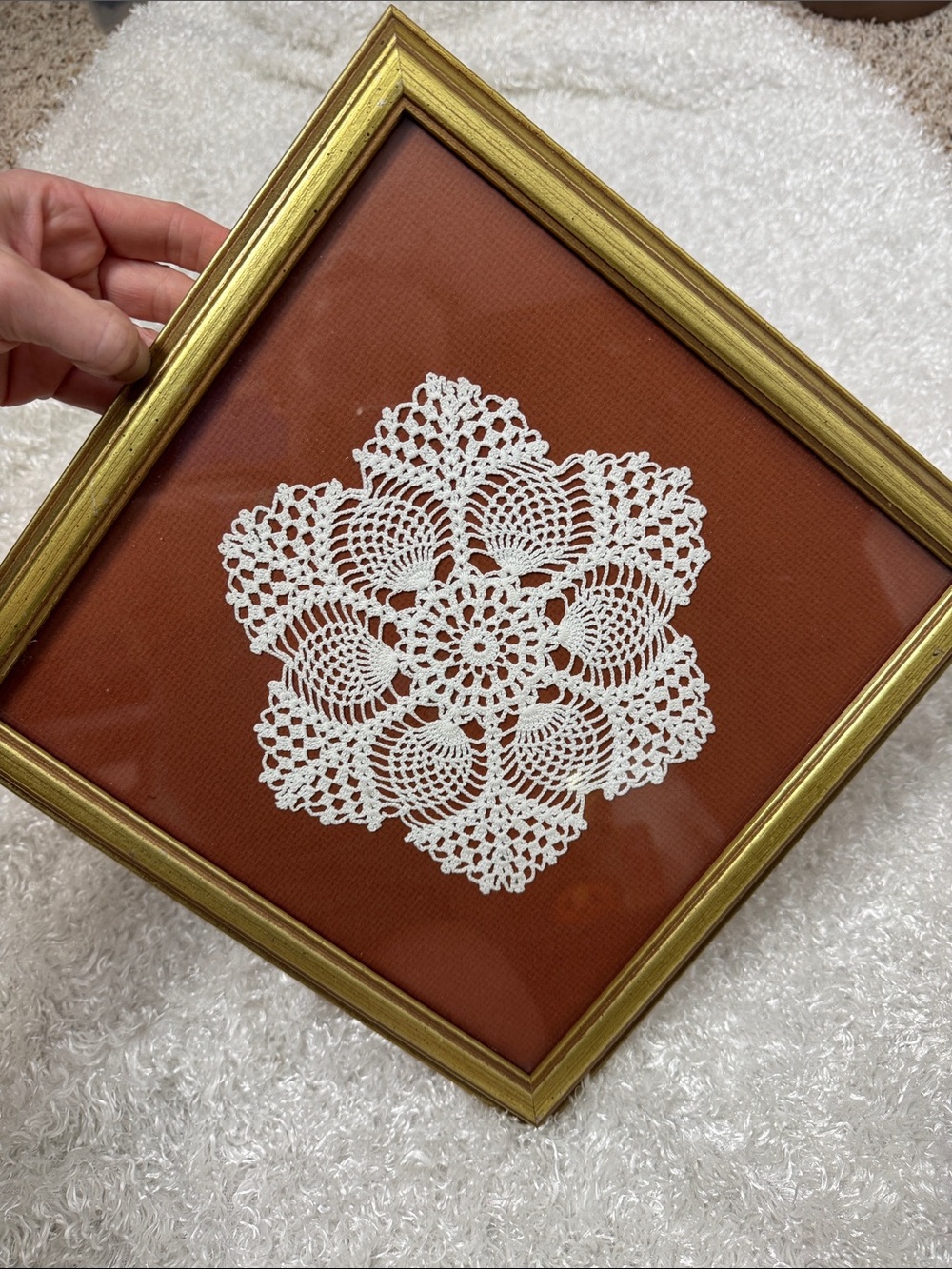 Framed doily in gold frame